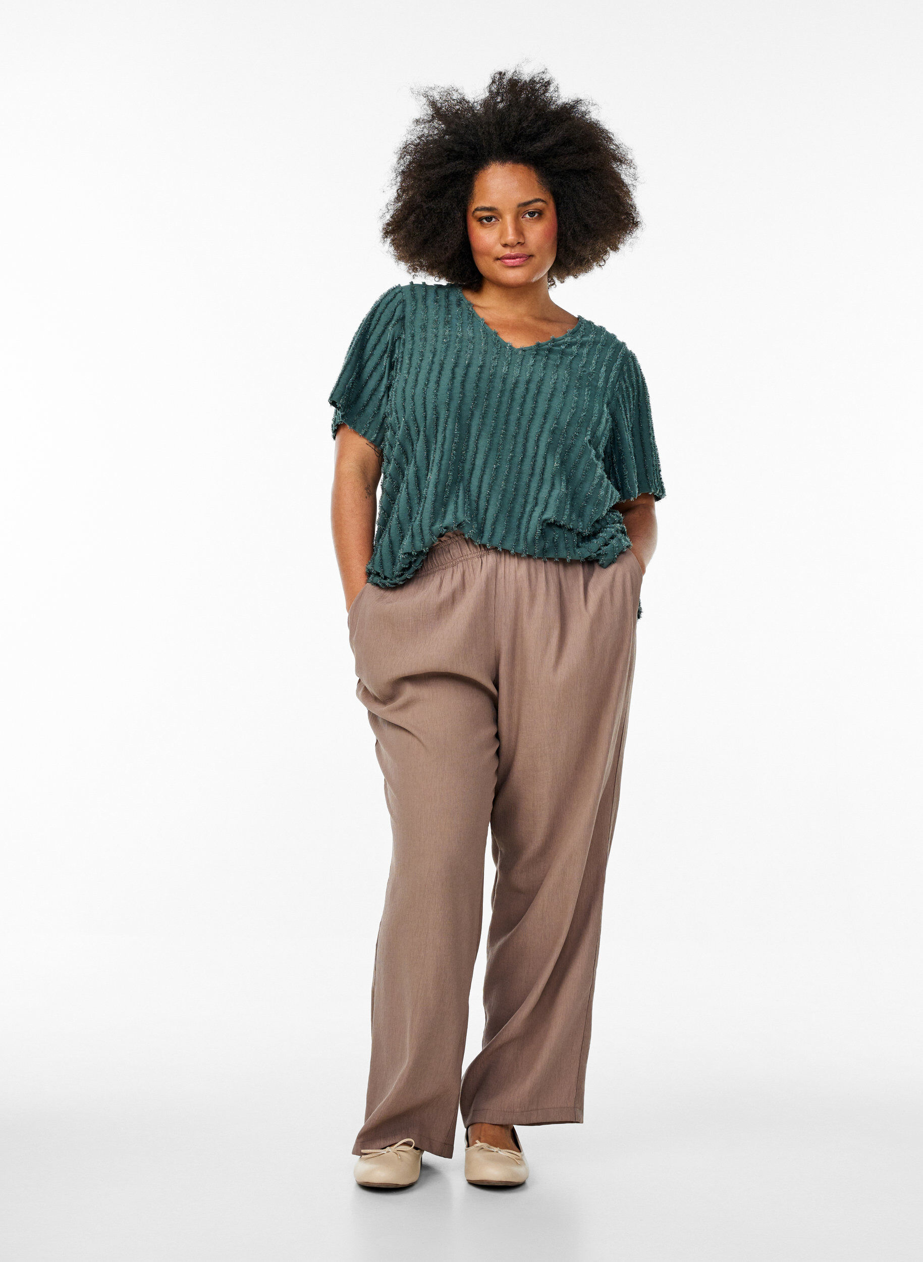 Zizzifashion Blouse with short sleeves and striped texture, Green, Model image number 1