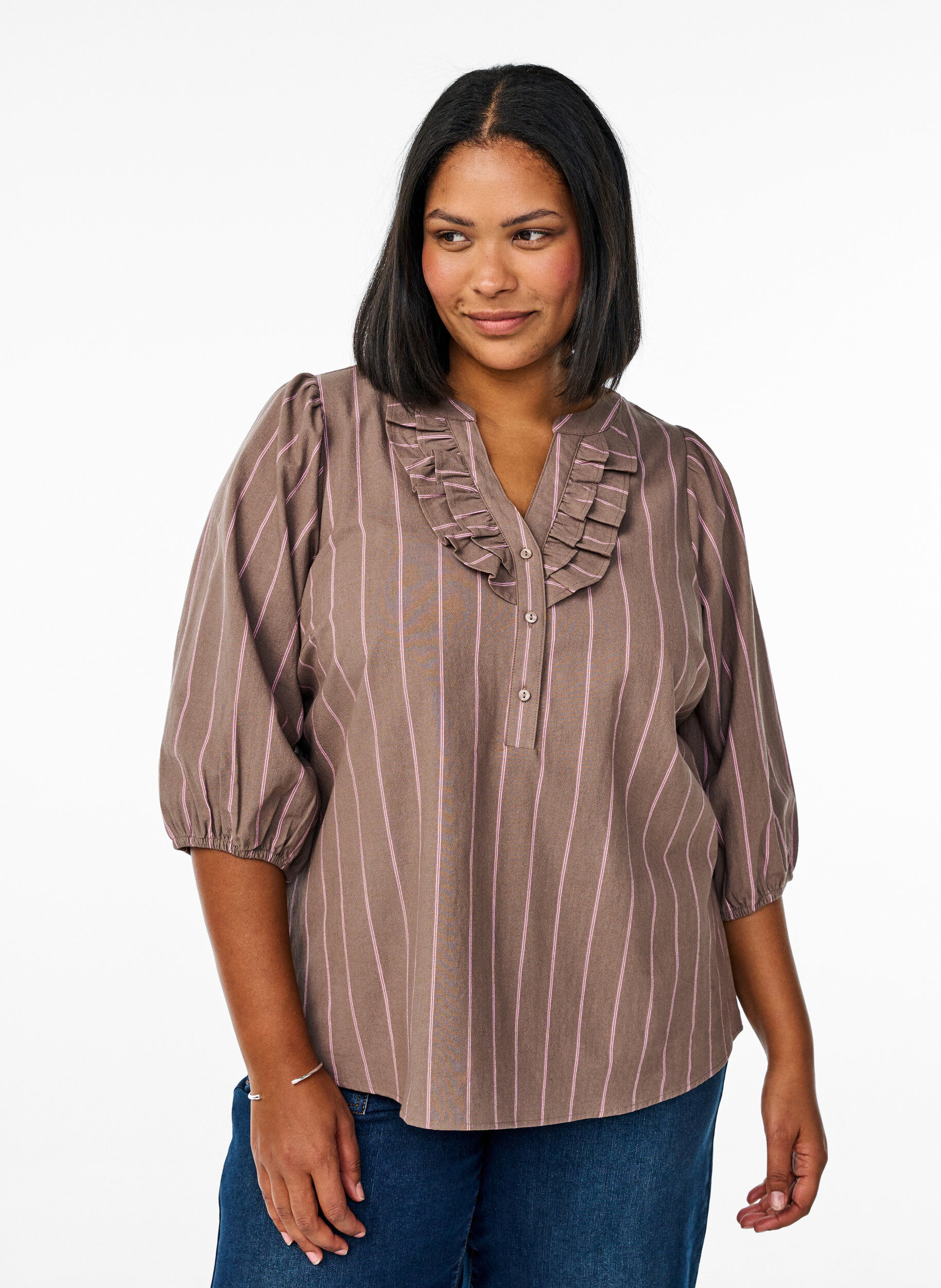Zizzifashion 3/4 sleeve blouse in cotton with stripes, Brown, Model image number 0