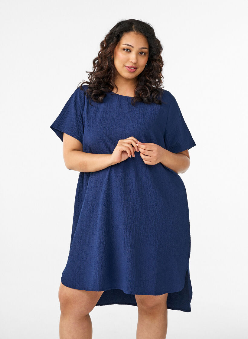 Short dress with a crinkled texture and short sleeves, Blue, Model image number 0