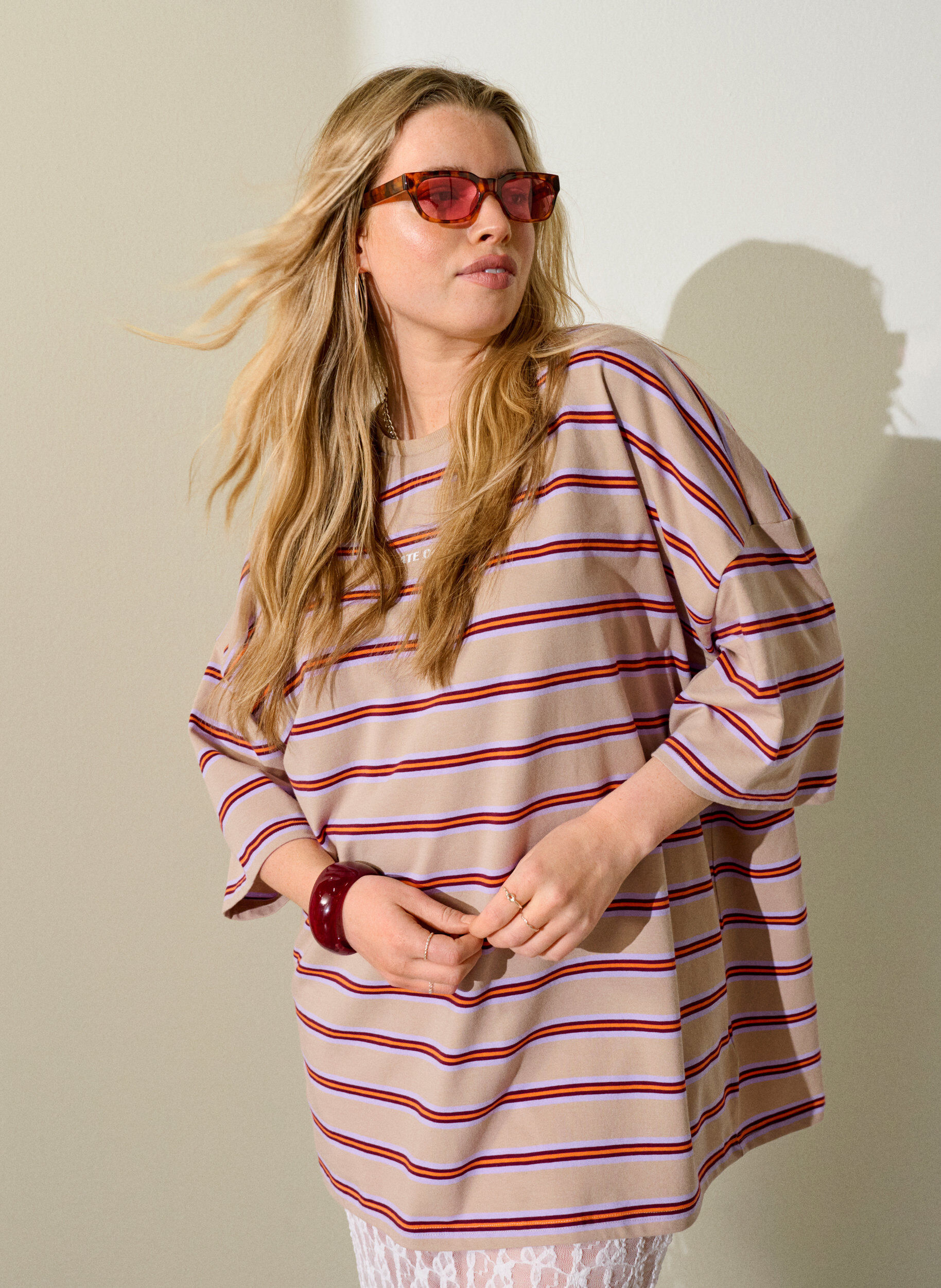 Zizzifashion Oversized T-shirt with stripes and 1/2 sleeves, Beige, Image image number 0