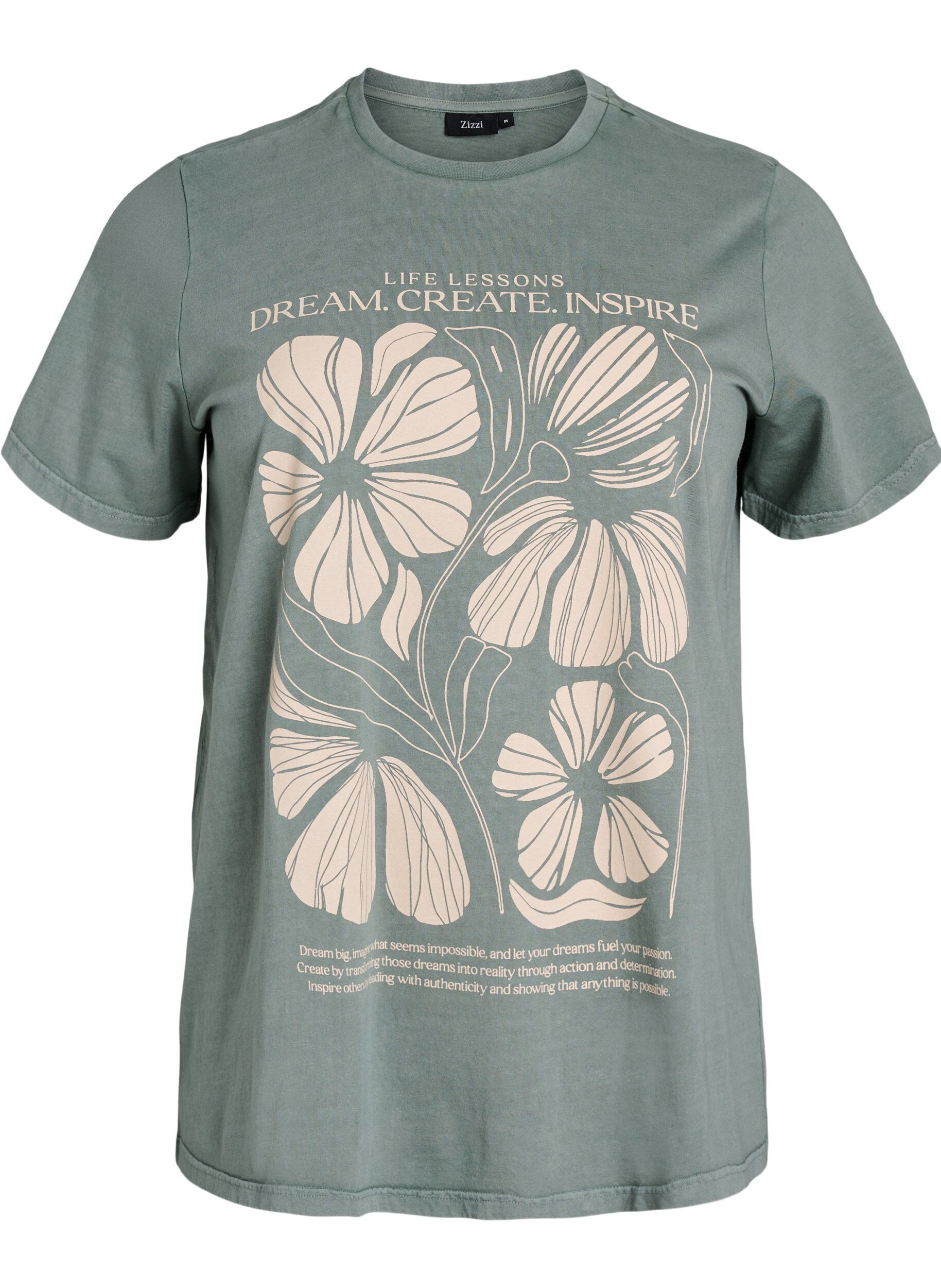 Zizzifashion Organic cotton T-shirt with text and floral print, Green, Packshot image number 0