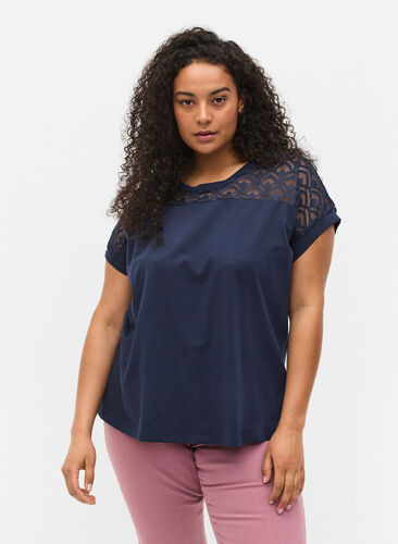 Short-sleeved cotton t-shirt with lace, Navy Blazer, Model image number 0