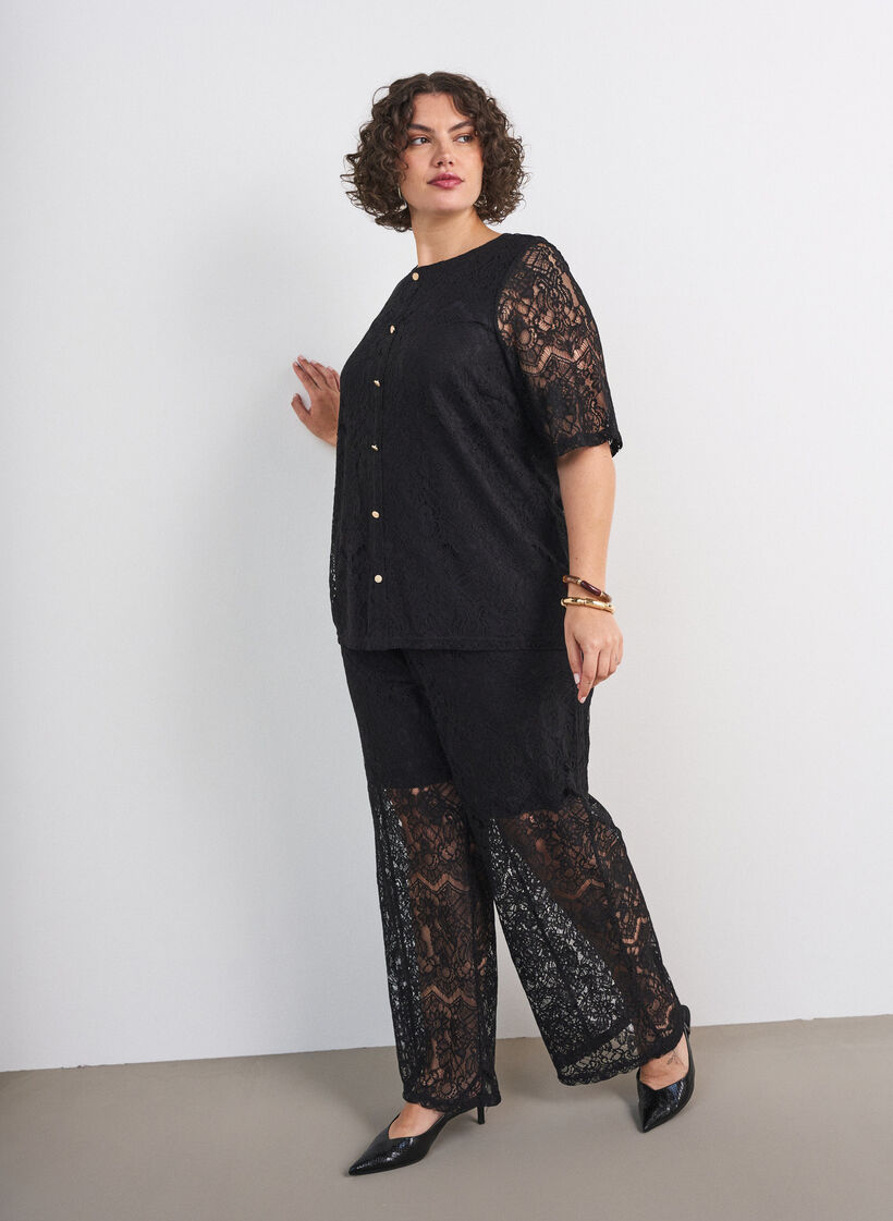 Lace trousers with straight legs and inner shorts, Black, Model image number 0