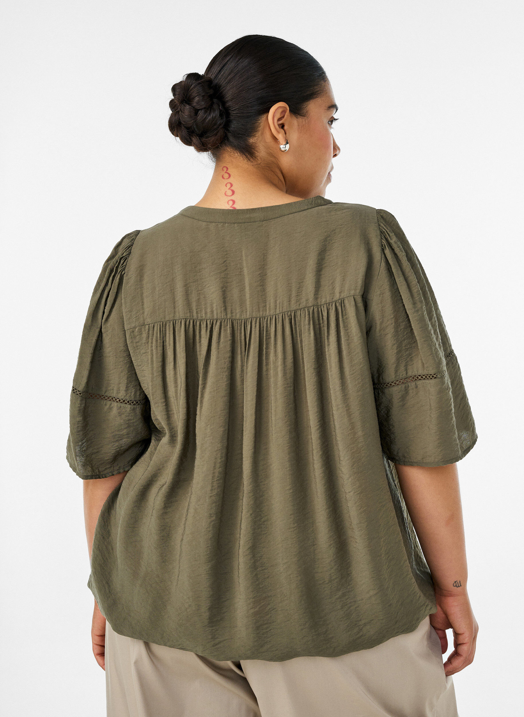 ZizzifashionViscose blouse with pintucks and balloon effect, Green, Model image number 2