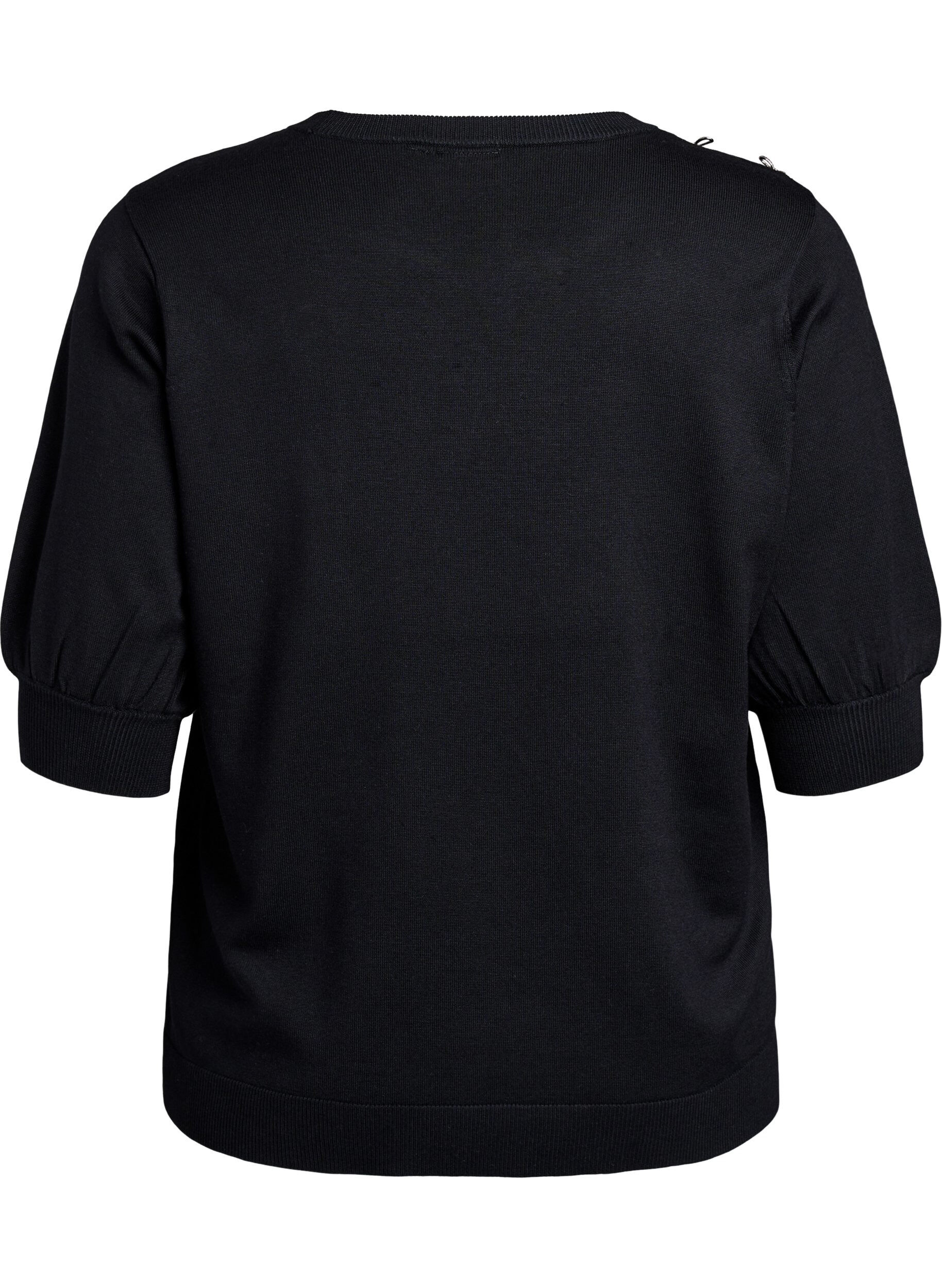 Zizzifashion Knitted blouse with short sleeves and small bows, Black, Packshot image number 1