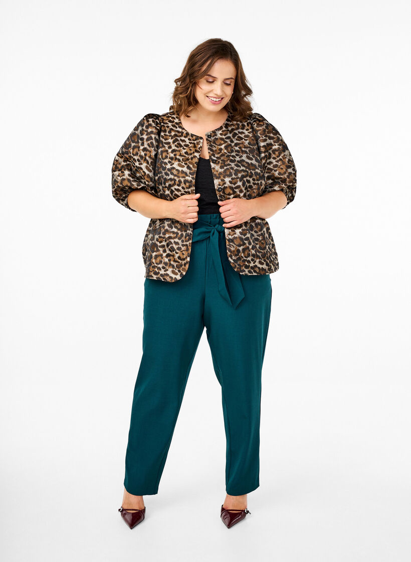 Jacquard Leo jacket with puff sleeves, Brown Leo AOP, Model image number 2