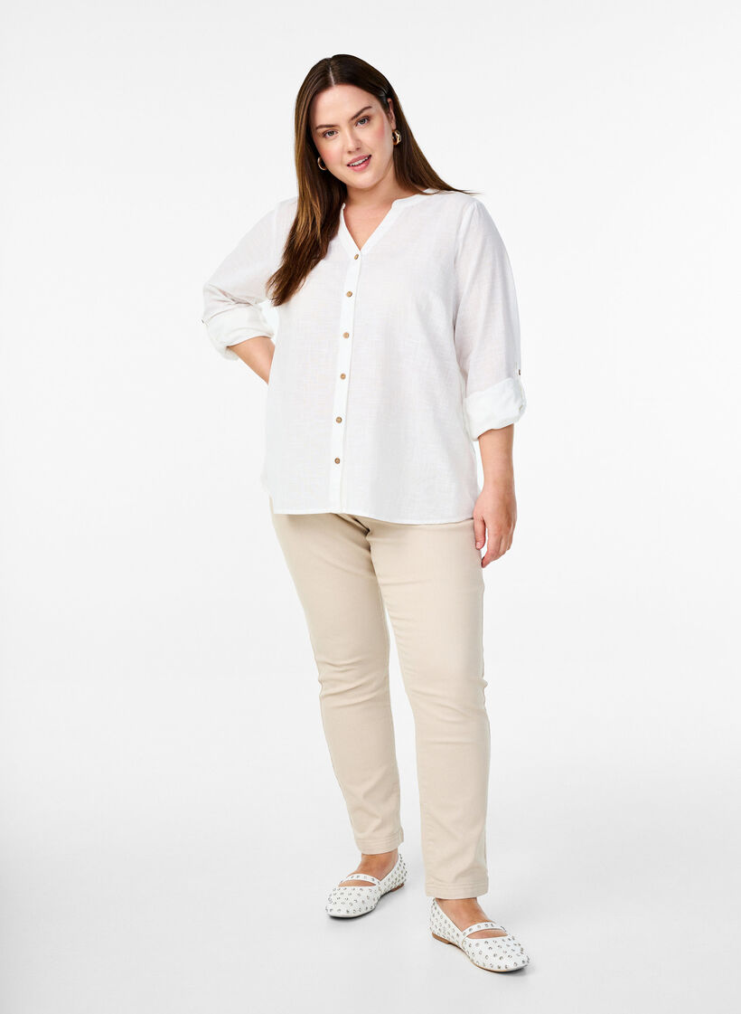 Cotton shirt blouse with a v-neck, White, Model image number 1