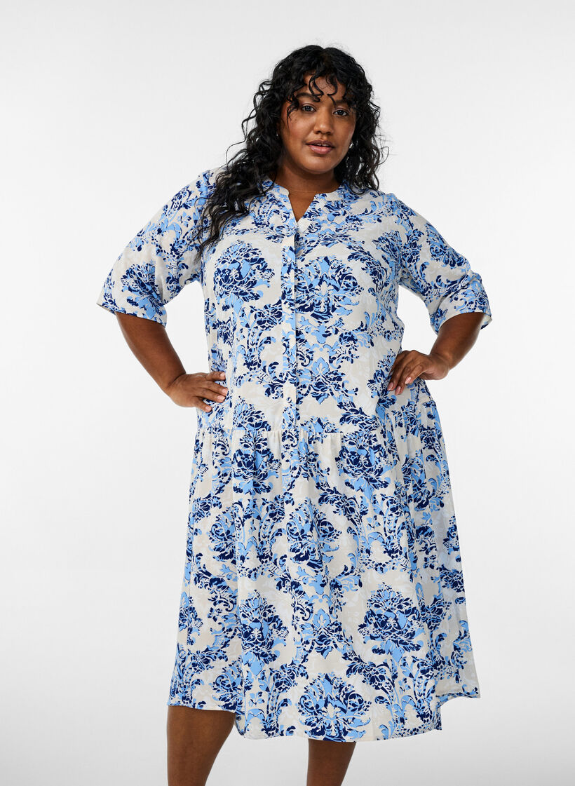 A-line midi dress with short sleeves, Beige, Model image number 0