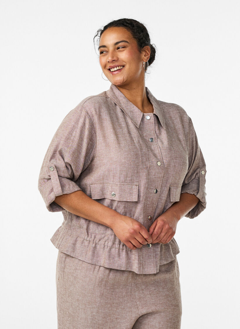 Linen and viscose shirt blouse with an adjustable waist, Brown, Model image number 0