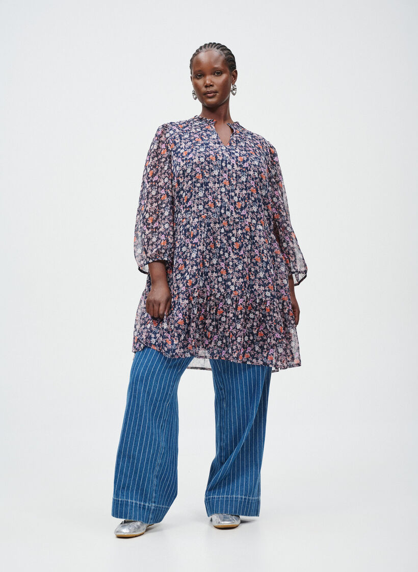 Tunic with floral print and glitter threads, Blue, Image image number 0
