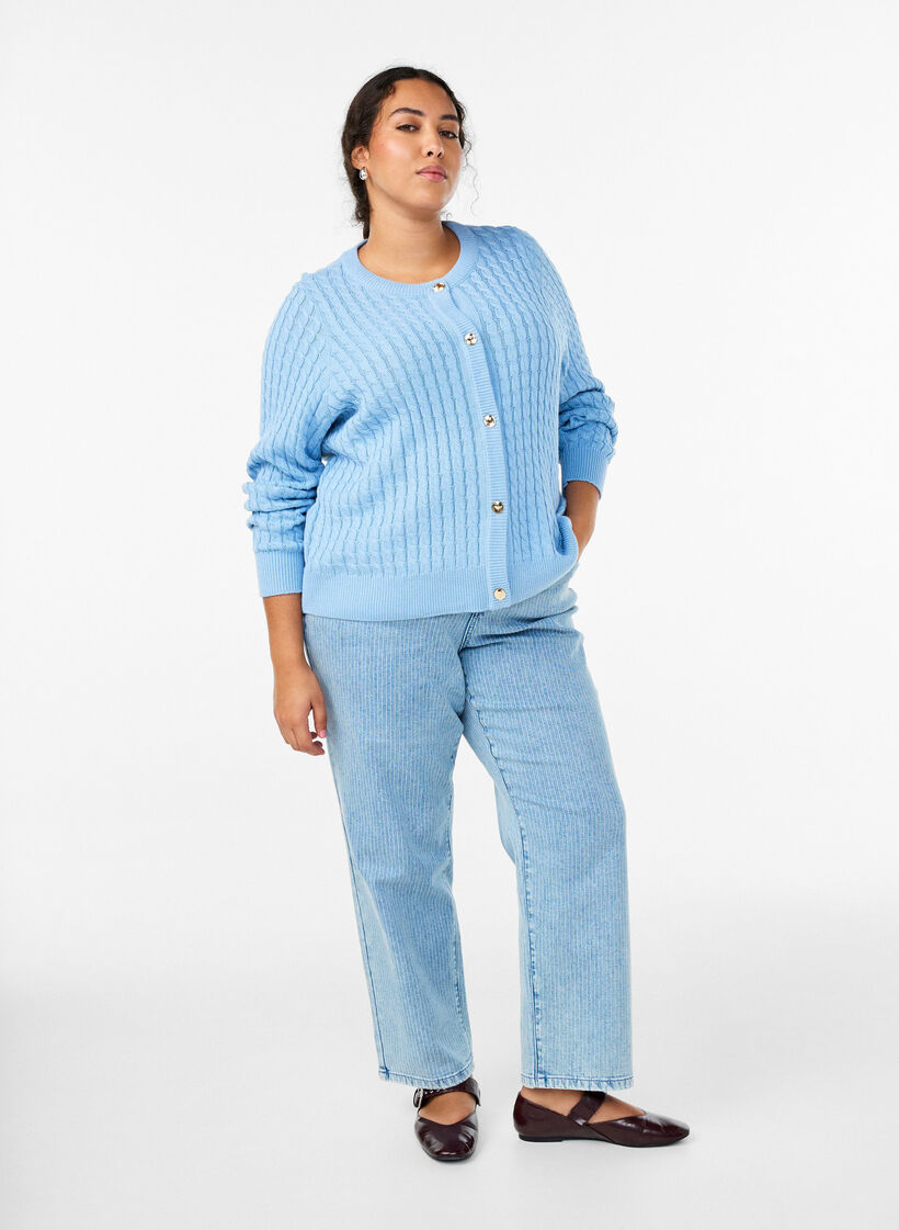 Cable knit cardigan with golden buttons, Blue, Model image number 1