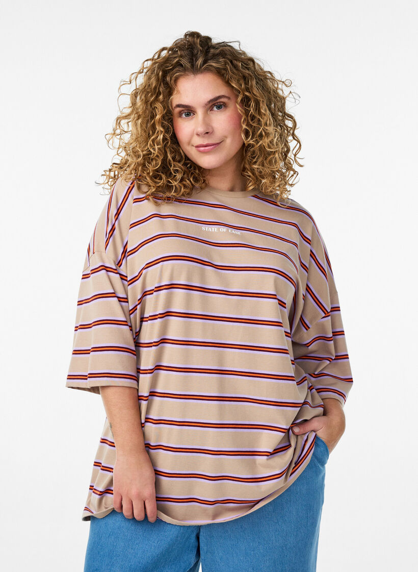 Oversized T-shirt with stripes and 1/2 sleeves, Beige, Model image number 0