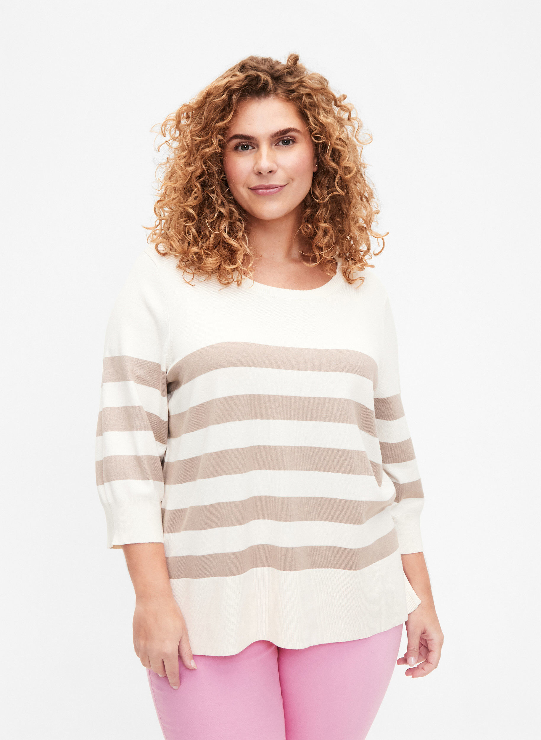 Zizzifashion Striped viscose pullover with 3/4 sleeves, Birch/Simply Taupe, Model image number 0