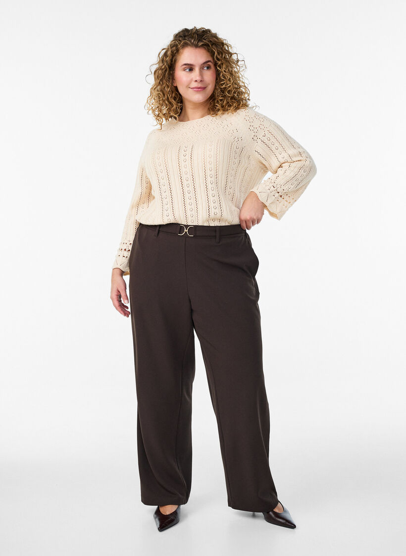High-waisted trousers with belt detail and gold buckle, Brown, Model image number 0