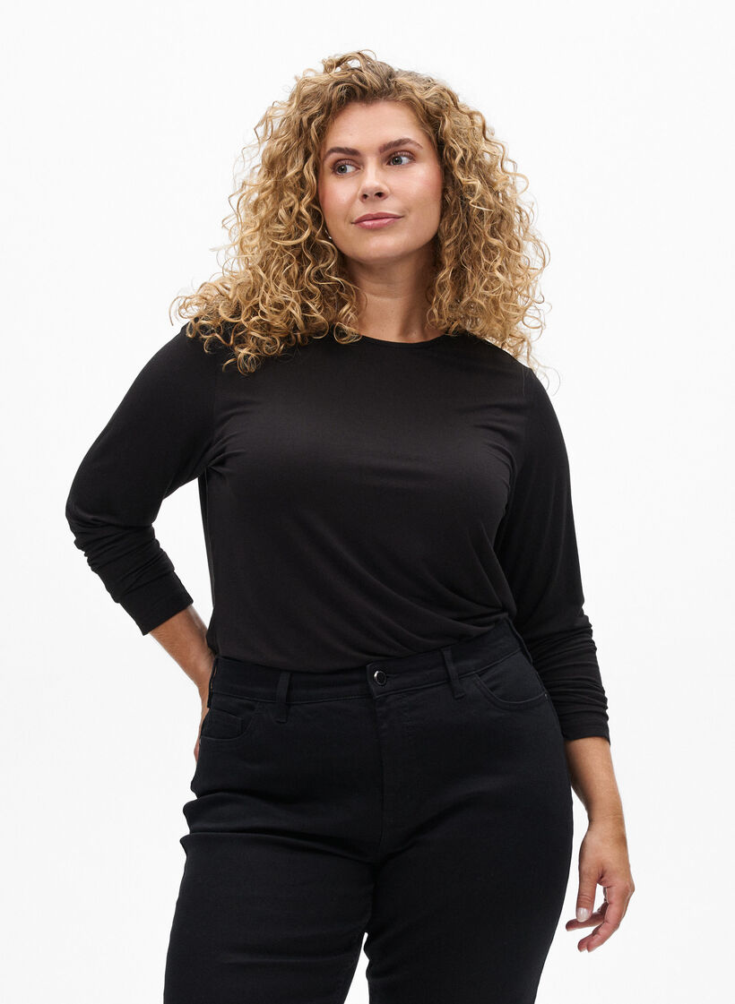 Solid coloured blouse with long sleeves, Black, Model image number 0