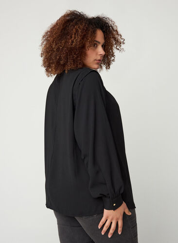 Long-sleeved blouse with a round neck, Black, Model image number 1
