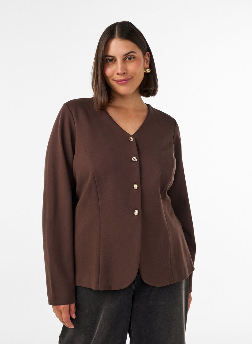 Fitted jersey cardigan with decorative buttons, Brown, Model image number 0