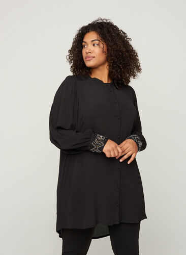 Long viscose shirt with pearls, Black, Model image number 0