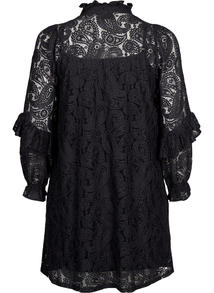 Short lace dress with ruffle detail, Black, Packshot image number 1