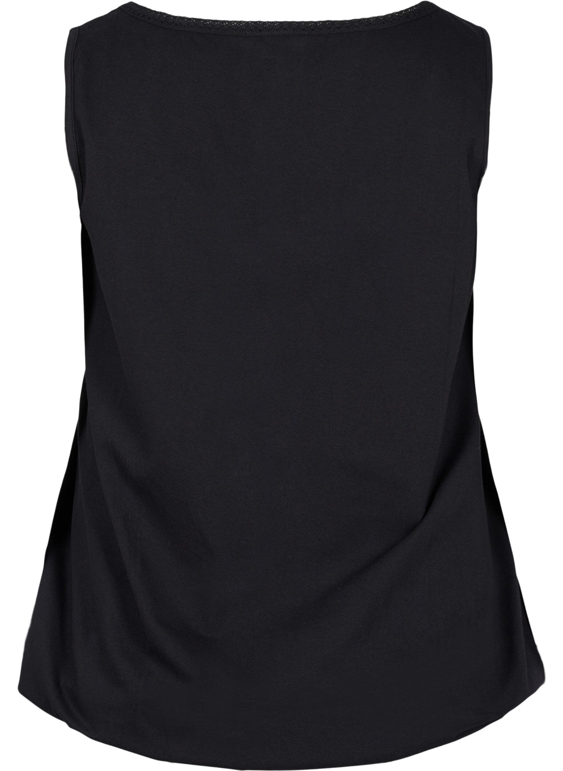 Zizzifashion Cotton top with rounded neckline and lace trim, Black, Packshot image number 1