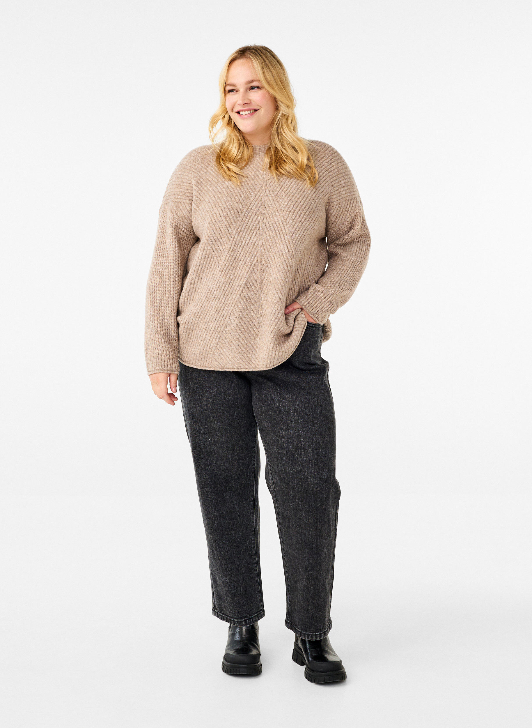 Zizzifashion Jumper with a striped pattern and long sleeves, Simply Taupe Mel., Model image number 2
