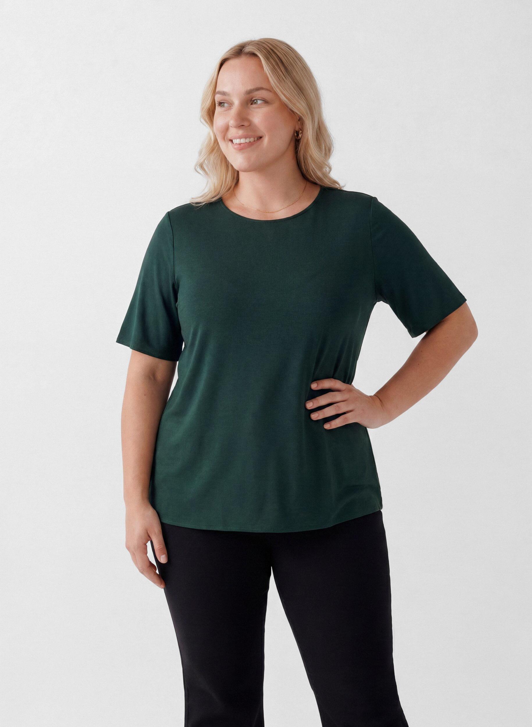 ZizzifashionShort-sleeved woven blouse with round neck, Green, Model image number 0