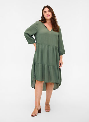 A-line viscose dress with 3/4 sleeves, Thyme, Model image number 0