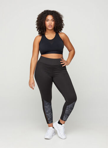 Cropped exercise tights with print and mesh, Black, Model image number 0