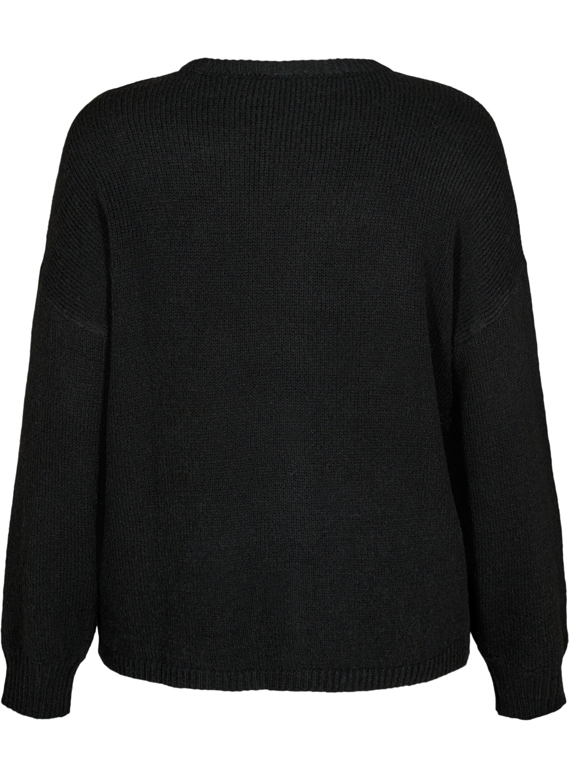 Zizzifashion Long-sleeved knitted jumper with wool and a round neck, Black Solid, Packshot image number 1