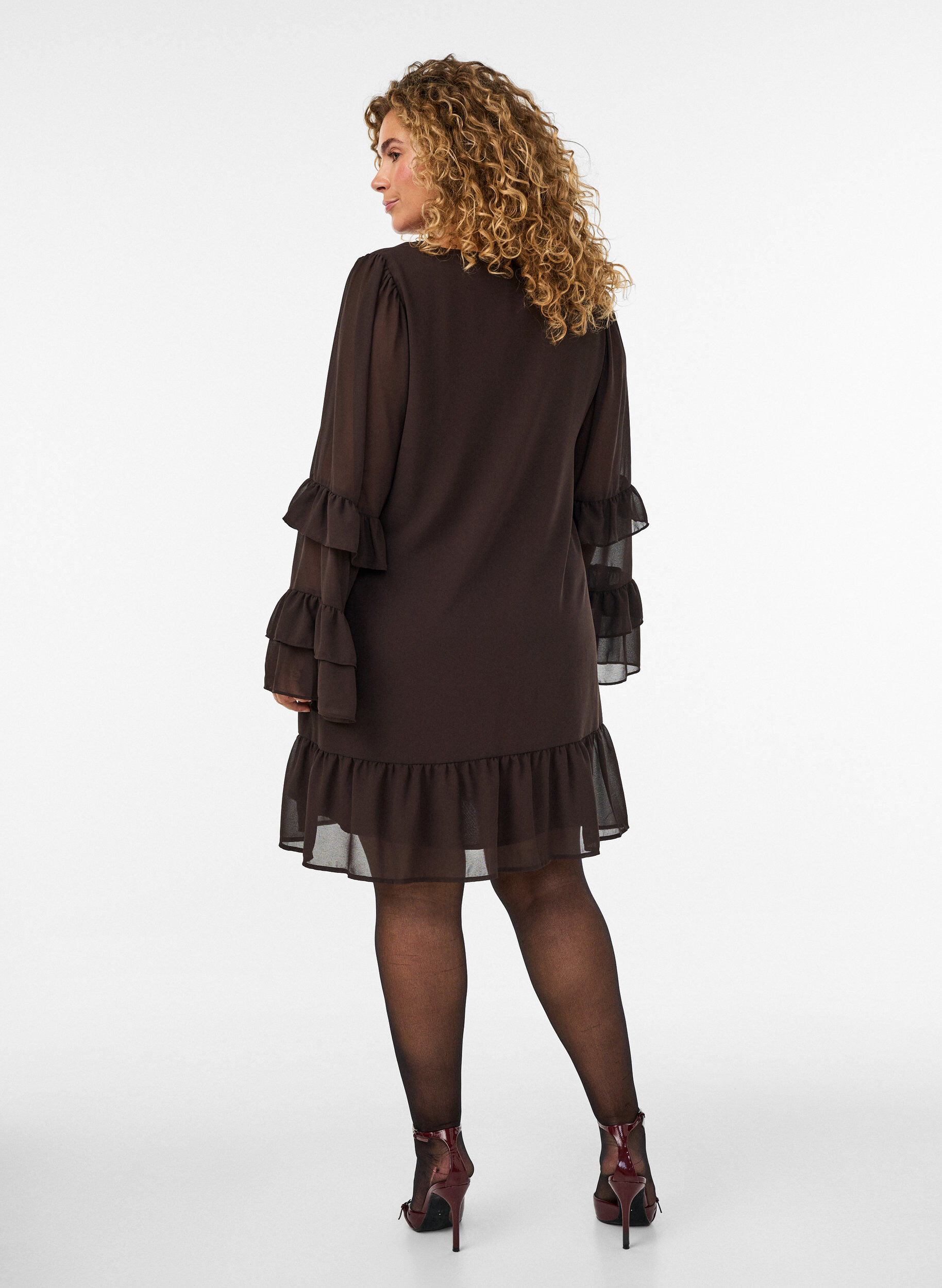 ZizzifashionShort dress with sheer ruffle sleeves, Brown, Model image number 2