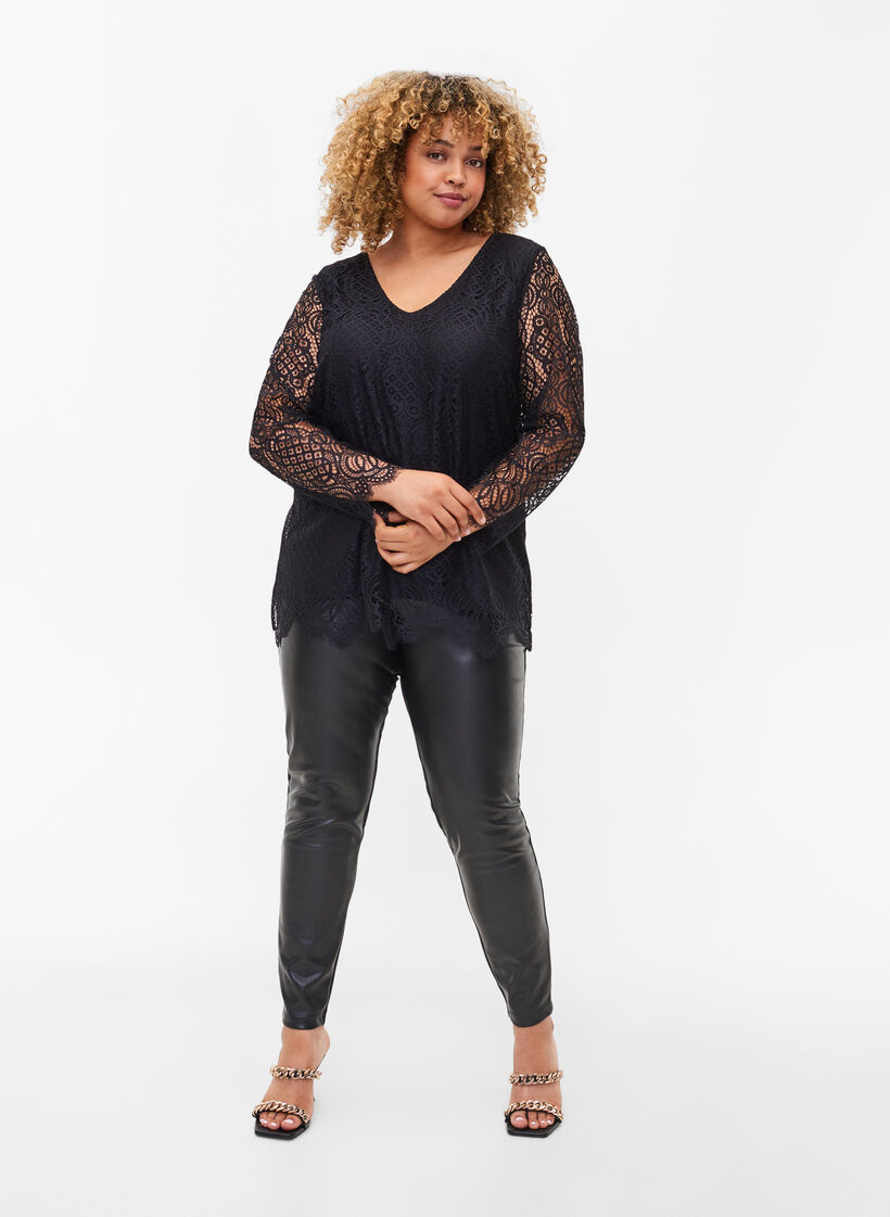 Long-sleeved lace blouse with v-neck, Black, Model image number 2