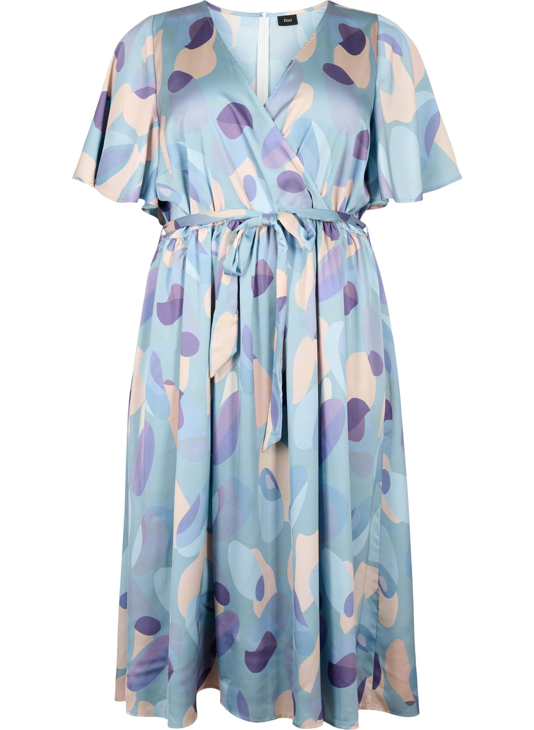 Zizzifashion Short sleeve satin dress with print and tie, Gray mist AOP, Packshot image number 0