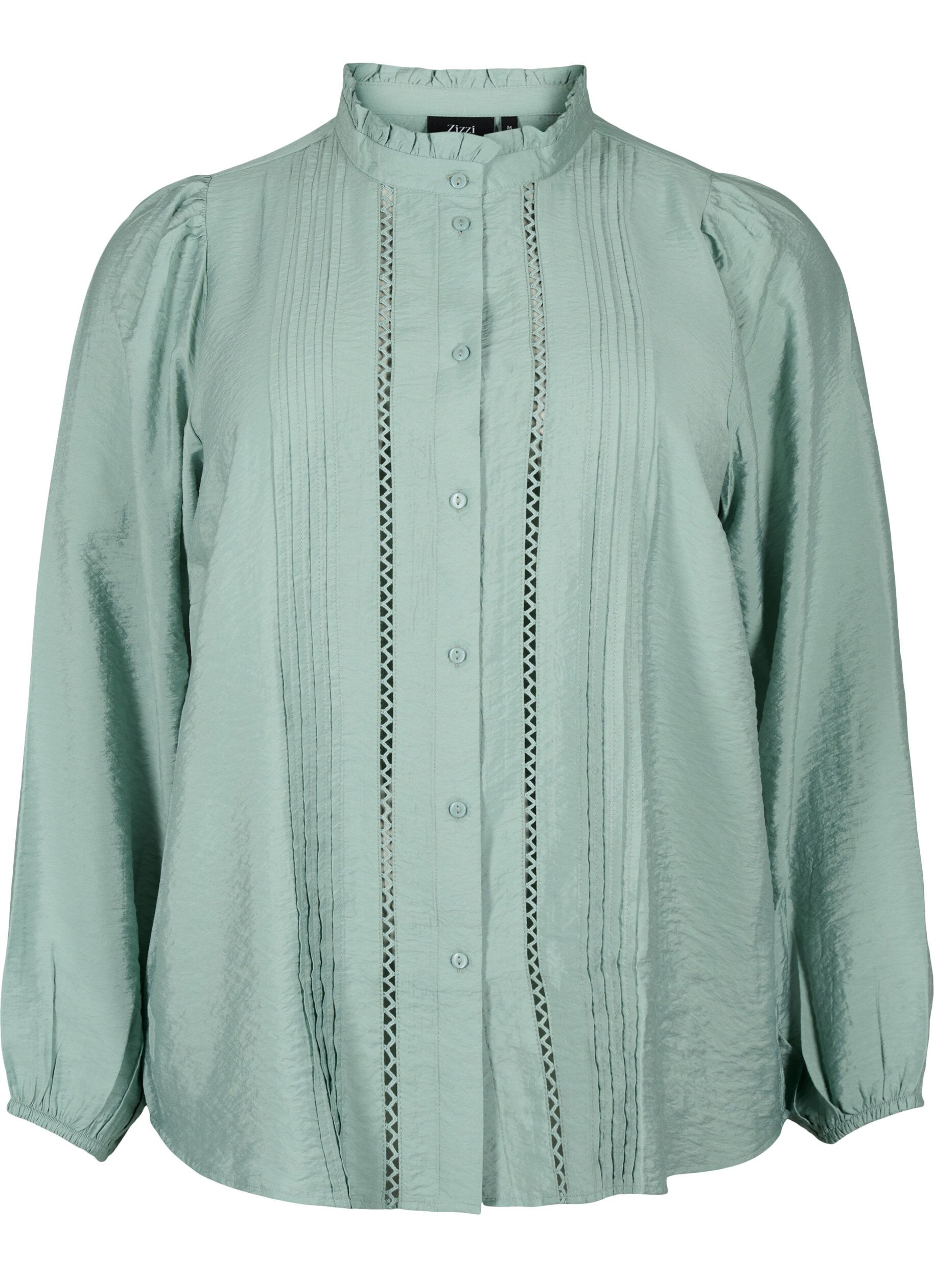 Zizzifashion Viscose shirt blouse with ruffle collar, Chinois Green, Packshot image number 0