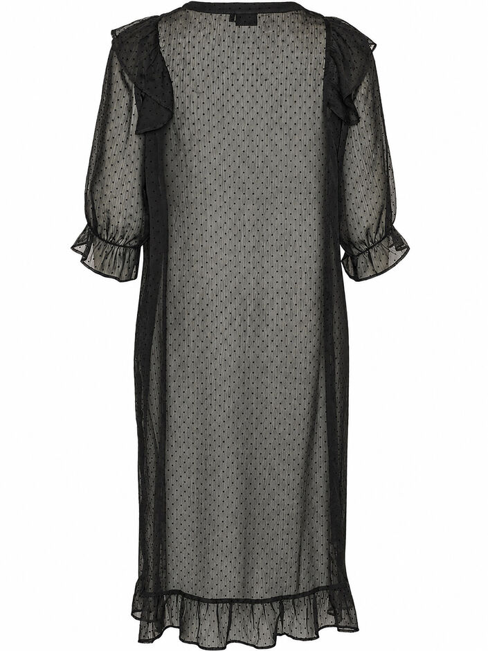Midi dress in a lightweight, sheer fabric with dots and ruffles, Black, Packshot image number 1