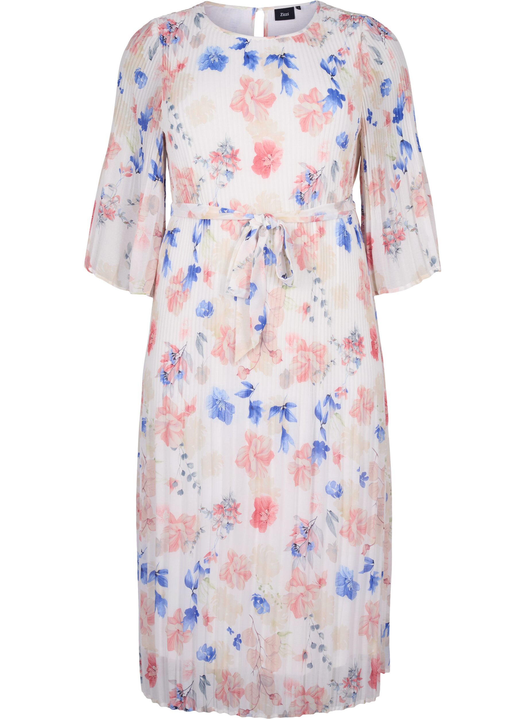 Zizzifashion Floral pleated dress with drawstring, White/Blue Floral, Packshot image number 0