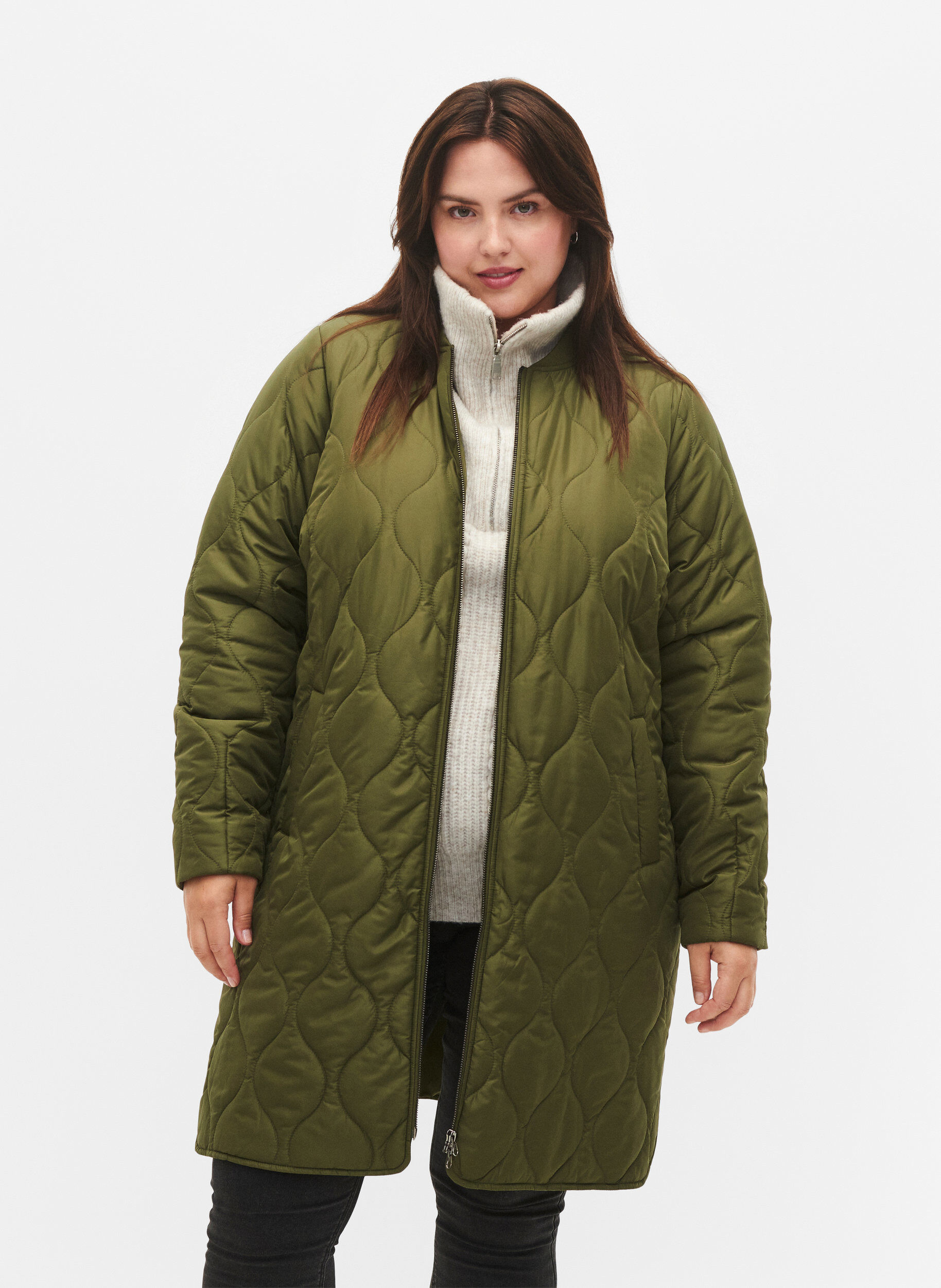 Zizzifashion Long quilted jacket with pockets and zipper, Winter Moss, Model image number 0