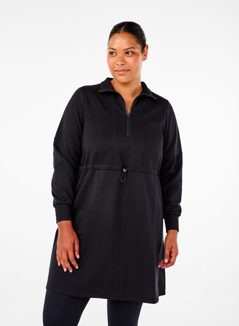 Short sweatshirt dress with a high neck and adjustable waist, Black, Model image number 0