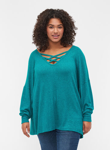 Promotional item - Long-sleeved viscose blouse with v-neck, Teal Green Melange, Model image number 0