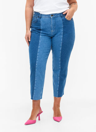 Cropped Vera jeans with colorblock, Blue denim, Model image number 3