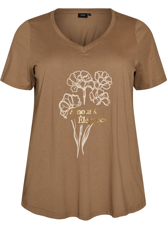 Cotton T-shirt with front print and V-neck, Brown, Packshot image number 0