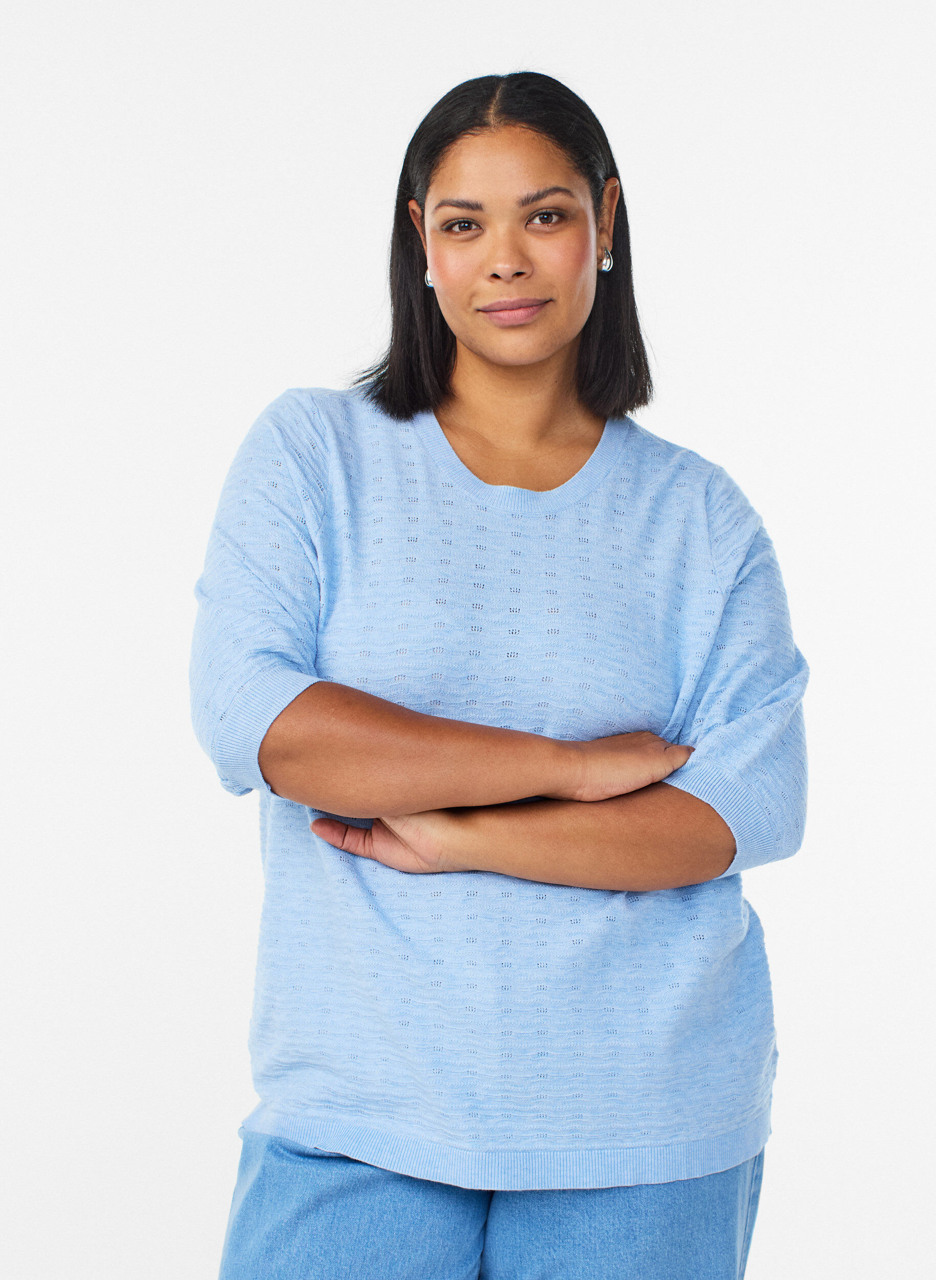 Zizzifashion Knitted blouse with textured pattern and short sleeves, Light Blue, Model image number 0