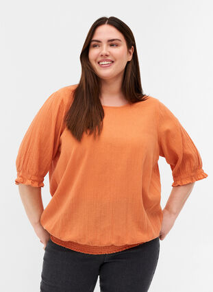 Short-sleeved cotton blouse with smock, Brandied Melon, Model image number 0