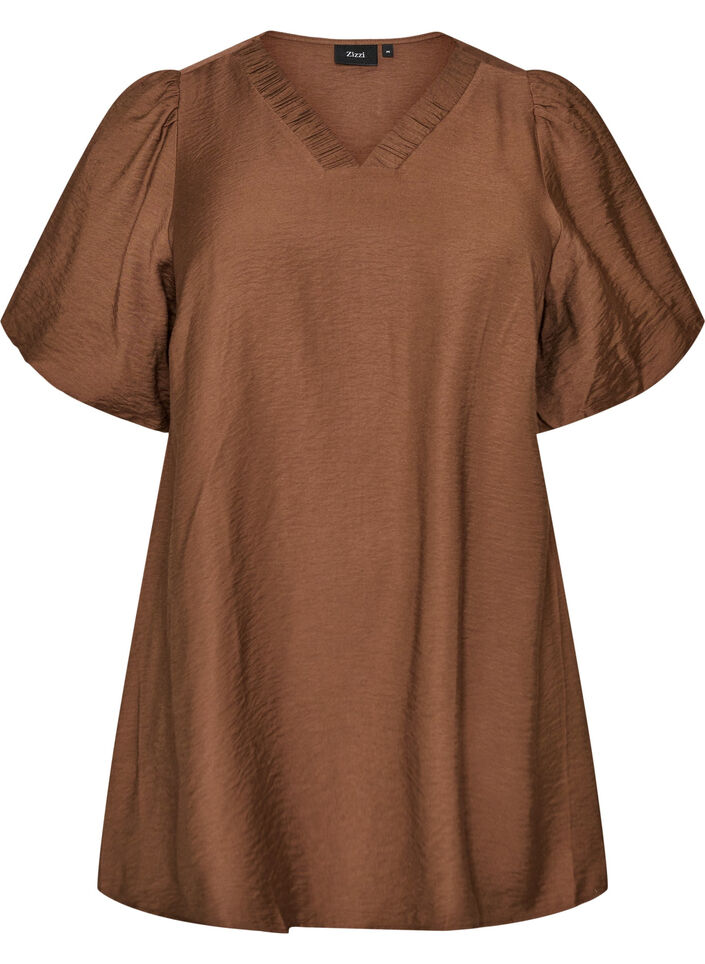 Tunic with balloon sleeves and a V-neck, Brown, Packshot image number 0