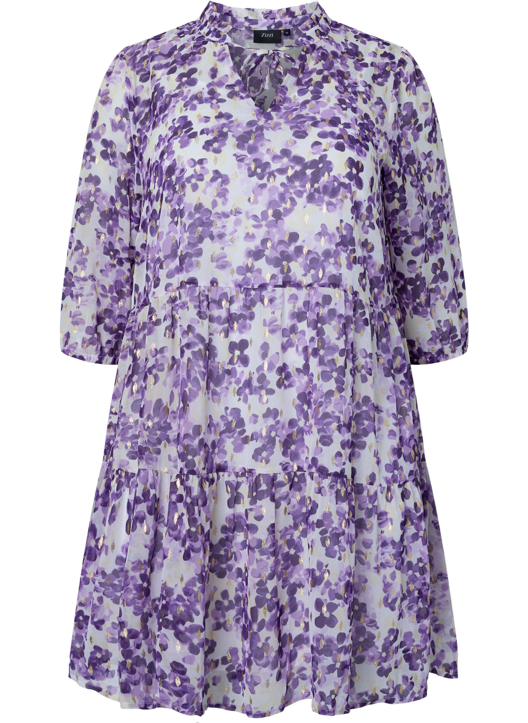 Zizzifashion Tunic with floral print and lurex, Beige/Purple Flower, Packshot image number 0