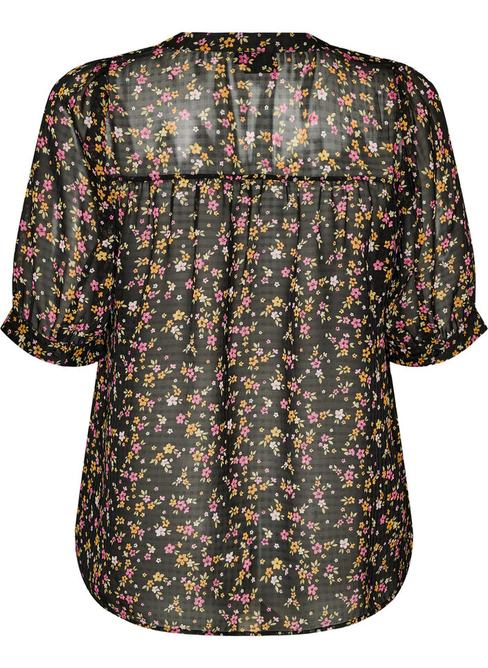 Blouse with floral print and V-neck, Black, Packshot image number 1