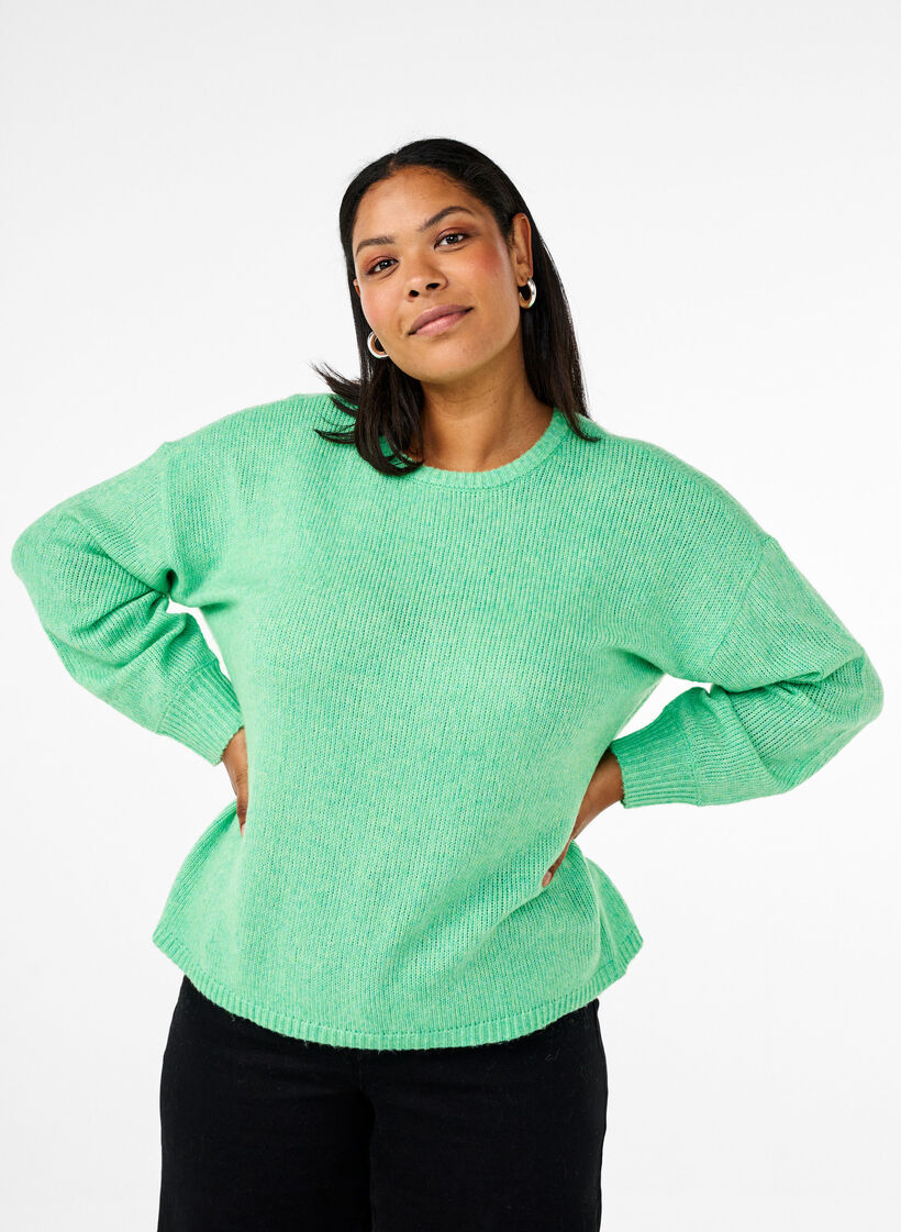Long-sleeved knitted jumper with wool and a round neck, Light G. Green Mel., Model image number 0