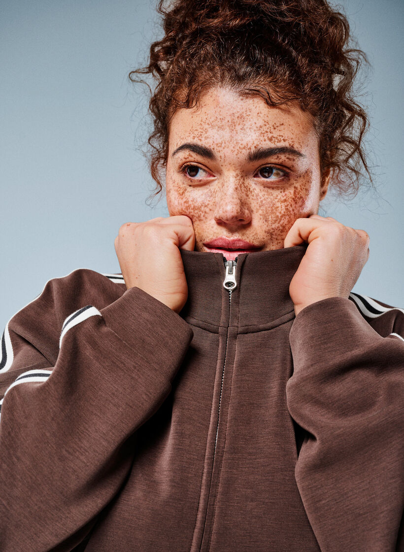 High-neck training top with stripes on the sleeves, Brown, Image image number 0