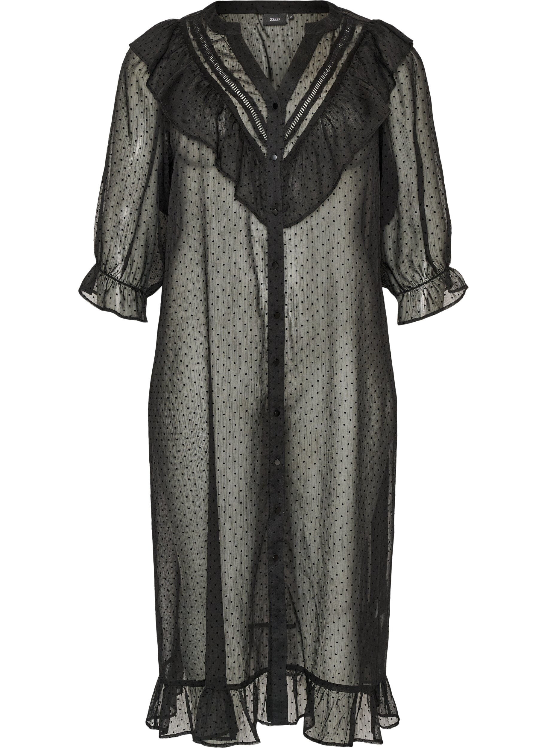 Zizzifashion Midi dress in a lightweight, sheer fabric with dots and ruffles, Black, Packshot image number 0