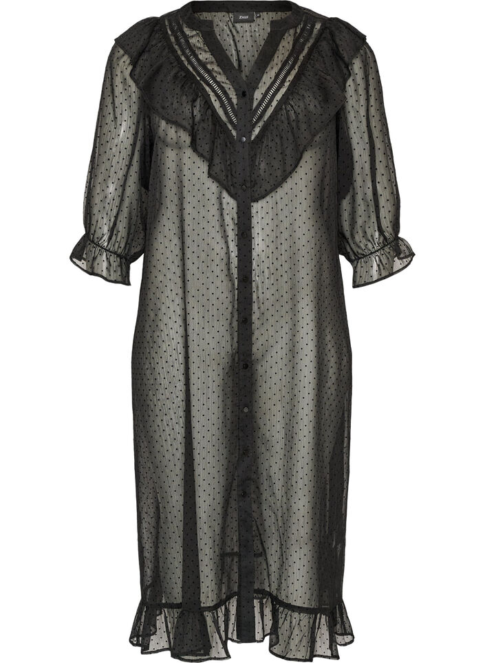 Midi dress in a lightweight, sheer fabric with dots and ruffles, Black, Packshot image number 0