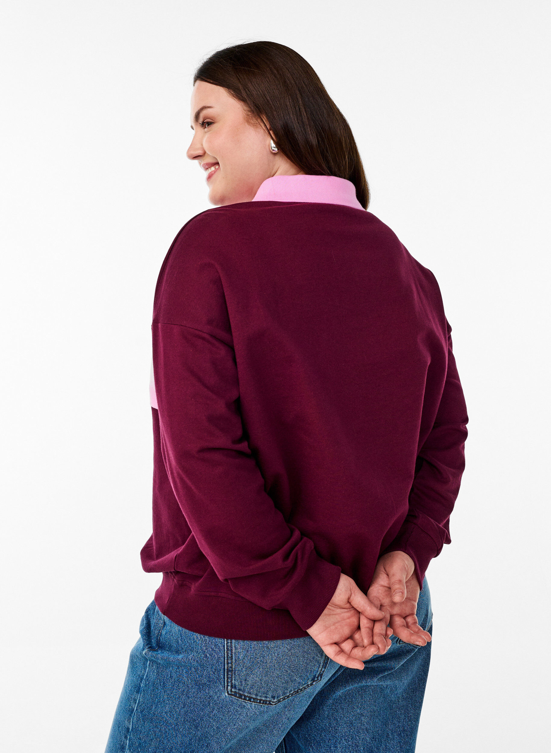 Zizzifashion Organic cotton sweatshirt with collar and contrast print, Dark Bordeaux, Model image number 2